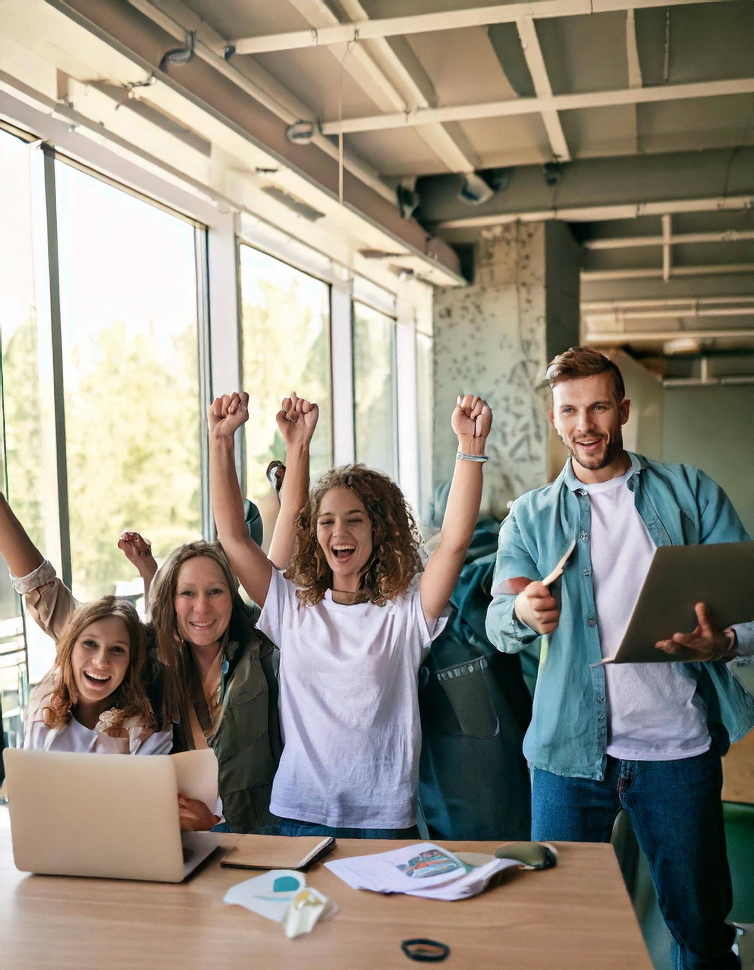 Firefly Team of volunteers with laptops is winning grant; show happiness and emotions for achieving 