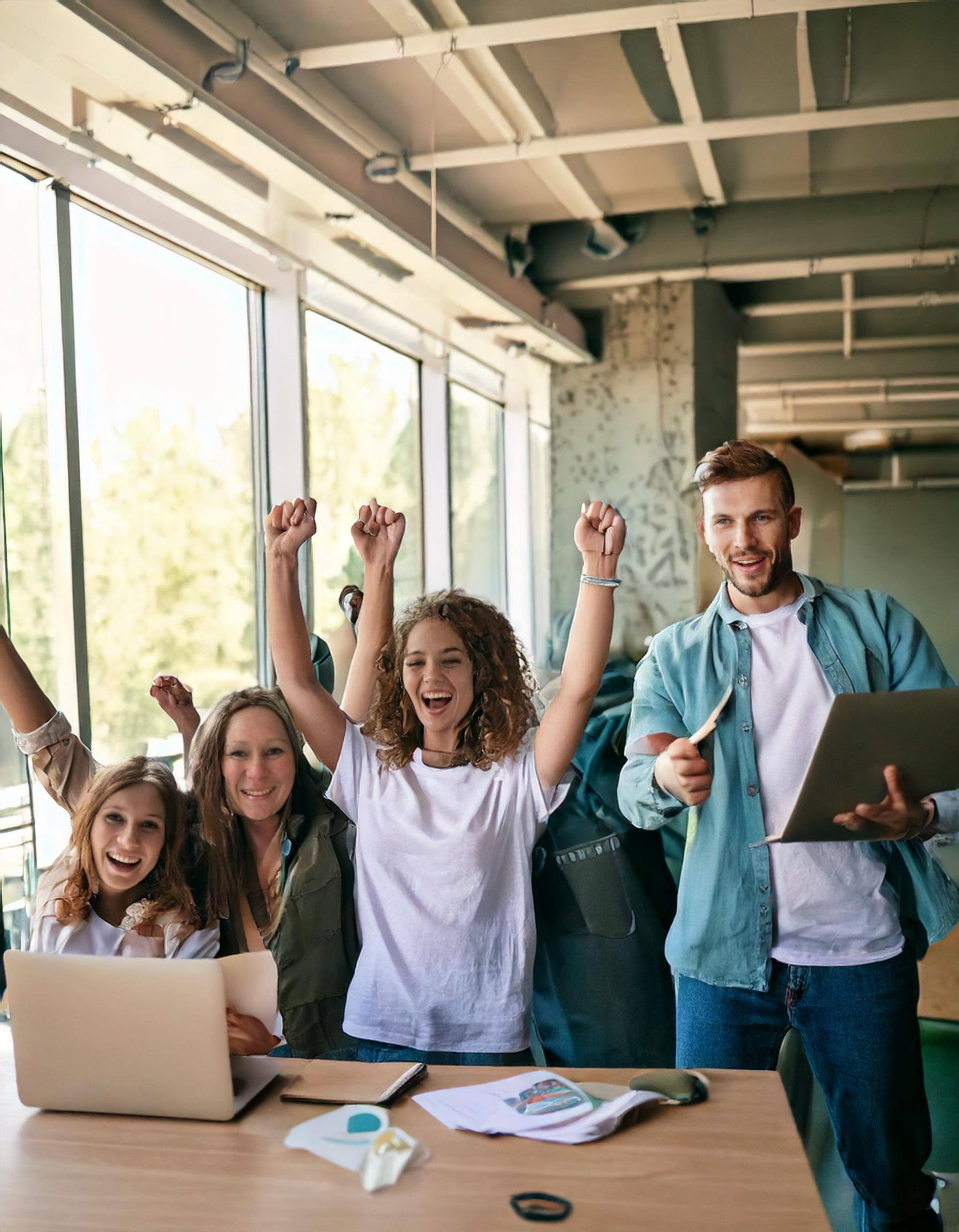 Firefly Team of volunteers with laptops is winning grant; show happiness and emotions for achieving Firefly Team of volunteers with laptops is winning grant; show happiness and emotions for achieving